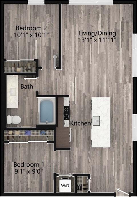 Floor plan for 2 beds, 1 bath, 817 sqft